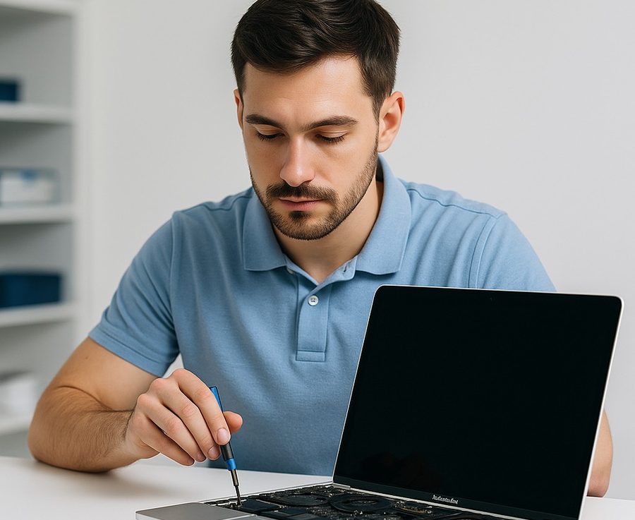 A Creative IT technician repairing a laptop
