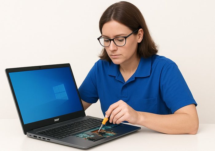 A technician repairing a laptop motherboard