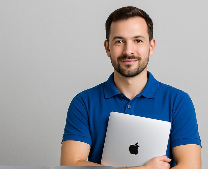 A smiling Creative IT technician holding a MacBook